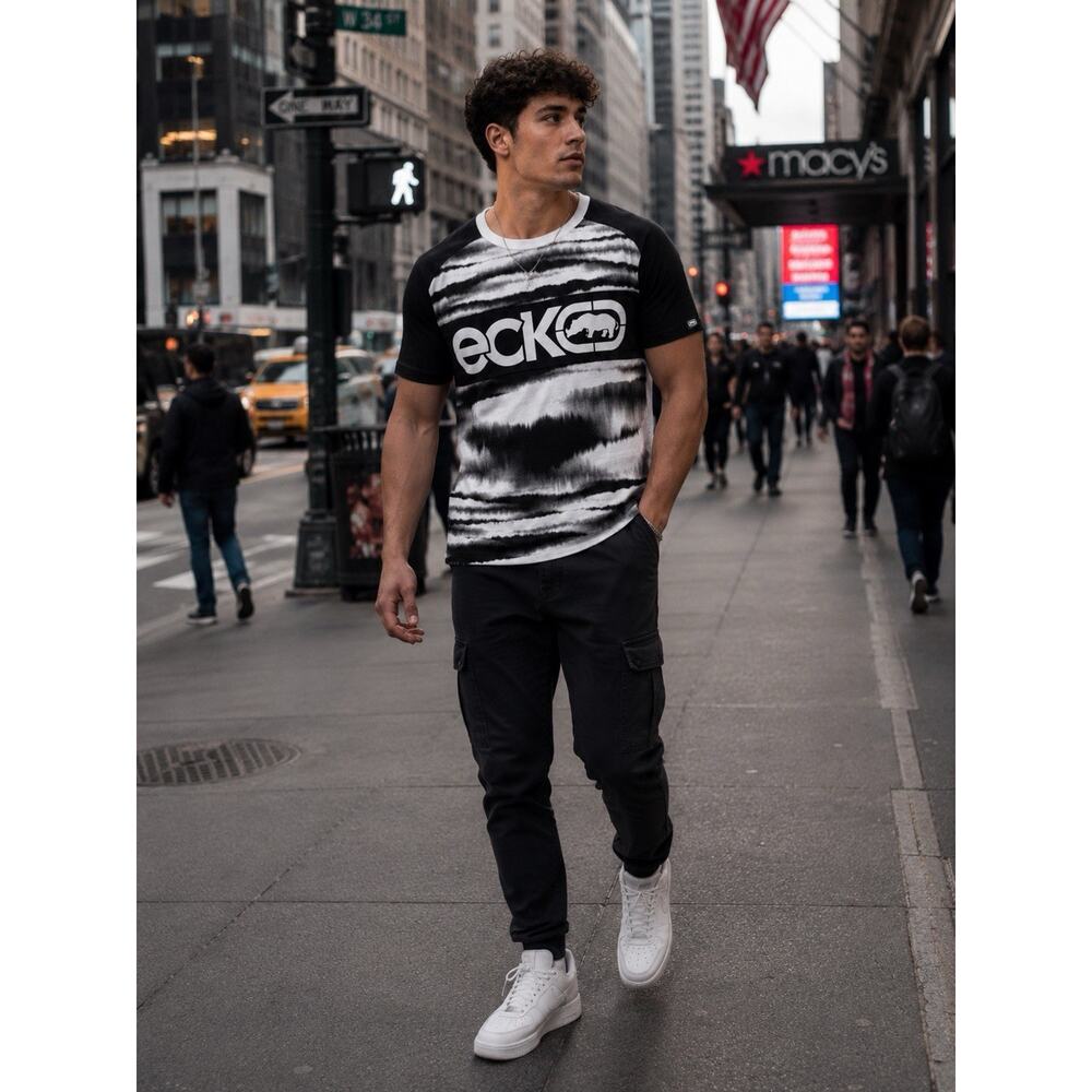 Ecko Unltd Black Tie Dye Skies Logo TShirt Men's Size L Skater Grunge Streetwear
